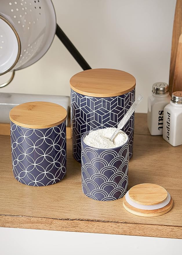 DII Kitchen Ceramics Collection, Canister Set, Mixed Print, Nautical Blue, 3 Piece-Ruum Studio Home