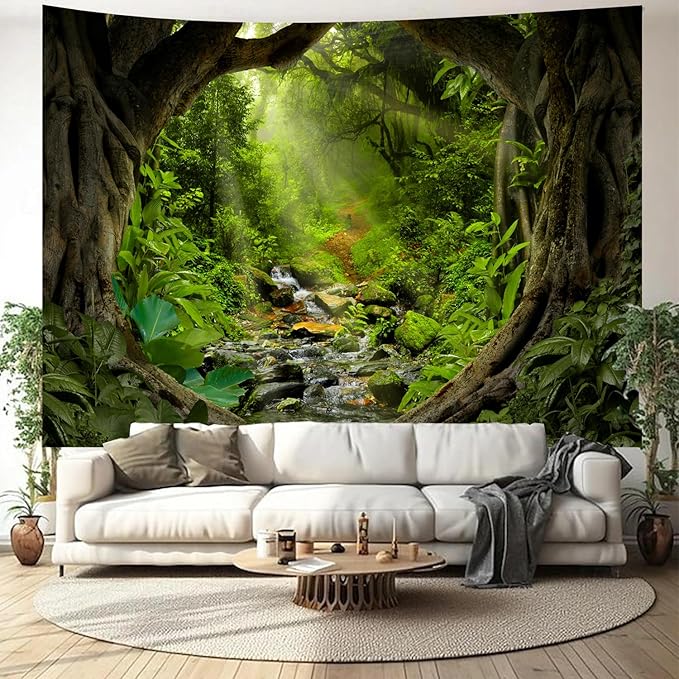 Misty Forest Tree Cave Tapestry Nature Green Tapestry Enchanted Rainforest Tropical Jungle Sunshine Flowing Stream Landscape Wall Tapestries for Living Room Bedroom Dorm Office (50" × 60")-Ruum Studio Home