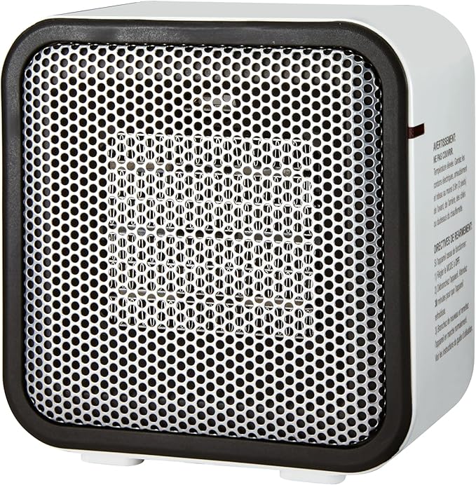 Amazon Basics Ceramic Space Heater, Mini Heater for Office Desk, 500 W, Portable Tent Heater for Camping (Indoor Use), With Tip-Over Protection, Lightweight (1.4 LBS), White, 5.9 x 3.2 x 6 inches-Ruum Studio Home