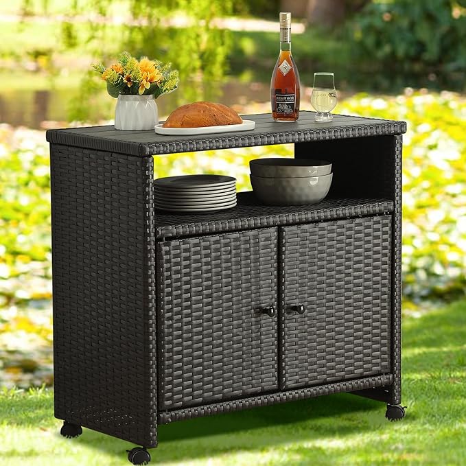Outdoor Wicker Storage Cabinet - Patio Bar Table with Wheel,Outdoor Buffet Cabinet Movable,Garden Weather-Proof Bar Table/Cart for Indoor&Outdoor (Dark Brown)-Ruum Studio Home