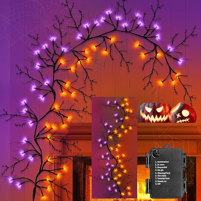 [8 Modes & Timer] Halloween Decorations Willow Vine Twig Garland, 6 FT 54LED Willow Vine Twig Lights Orange Purple LED Lights for Indoor Wall Fireplace Halloween Decorations-Ruum Studio Home