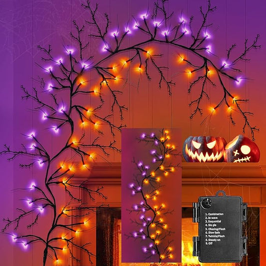[8 Modes & Timer] Halloween Decorations Willow Vine Twig Garland, 6 FT 54LED Willow Vine Twig Lights Orange Purple LED Lights for Indoor Wall Fireplace Halloween Decorations-Ruum Studio Home