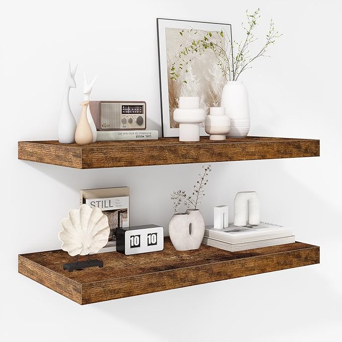 Fun Memories Floating Shelves - 2 Pack 12 Inch Deep Rustic Wooden Wall Shelves - Extra Deeper & Thicker Wall Mounted Storage Shelf for Living Room, Kitchen, Farmhouse - 24" W x 12" D x 1.5" H - Brown-Ruum Studio Home