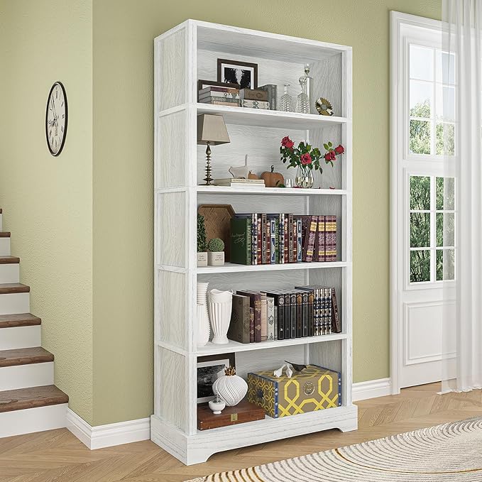 TVU 5-Shelf Wood Bookcase, 65 Inch Tall Bookshelf with Storage, Floor Standing Display Book Shelf，for Living Room Bedroom Study Office，Antique White-Ruum Studio Home