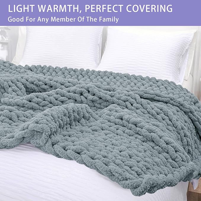 Bigacogo Chunky Knit Throw Blanket for Couch, 40x60 inches, 100% Hand Knitted with Thick Jumbo Chenille Yarn, Cozy Soft Large Rope Knot Cable Crochet Blankets for Sofa Bed Living Room, Dusty Blue-Ruum Studio Home