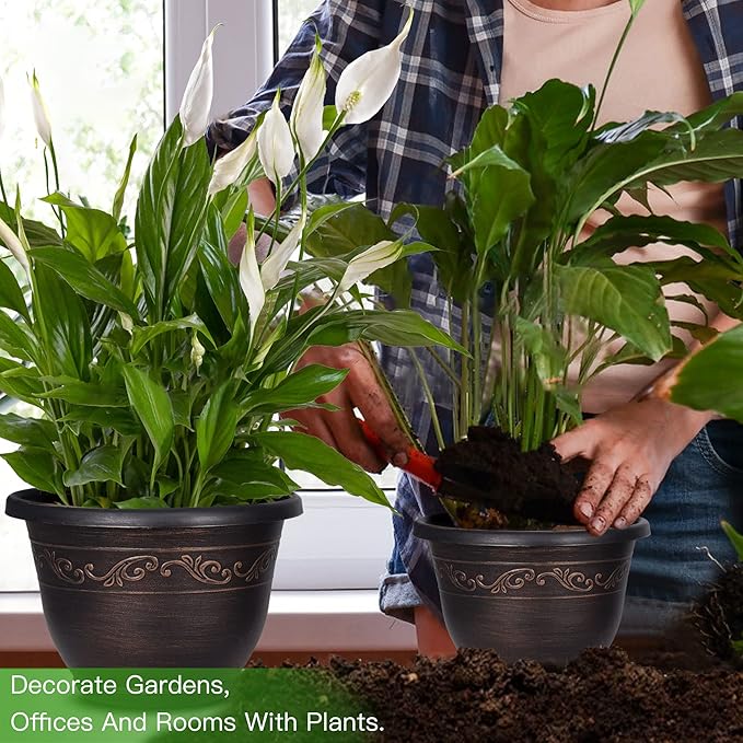 Plastic-Plant-Flower-Planters-12 Inch with Drainage Hole & Saucer, 3 Packs Lightweight Small Resin Flower Pot Indoor Outdoor, Retro Antique Imitation Decorative Garden Containers Sets for Houseplants-Ruum Studio Home