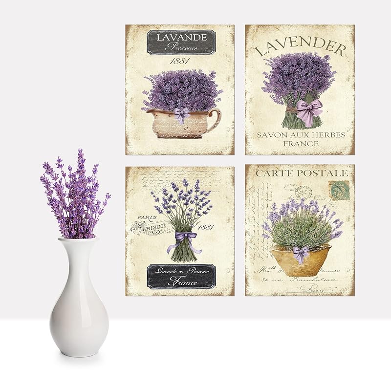 Twisted R Design Wall Art Canvas Prints - 4 Vintage Farmhouse Decor Prints - 8x10 Wrapped Canvas Floral-Themed Pictures - Made in USA Wall Art for Living Room, Bedroom, Office, More - French Lavender-Ruum Studio Home