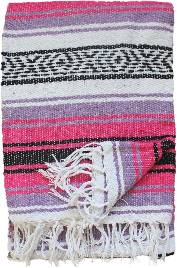 Del Mex Classic Mexican Blanket, Large Authentic Woven Falsa Throw (70"x50"), Artisan Southwest Décor for Beach, Yoga, Outdoors (Pink/Purple)-Ruum Studio Home