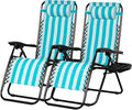 Nazhura Set of 2 Relaxing Recliners Patio Chairs Adjustable Steel Mesh Zero Gravity Lounge Chair Beach Chairs with Pillow and Cup Holder (Light Blue Stripe)-Ruum Studio Home