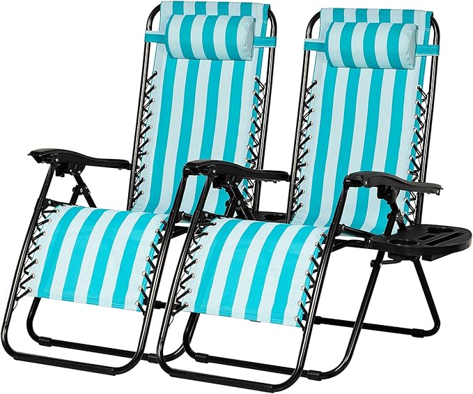Nazhura Set of 2 Relaxing Recliners Patio Chairs Adjustable Steel Mesh Zero Gravity Lounge Chair Beach Chairs with Pillow and Cup Holder (Light Blue Stripe)-Ruum Studio Home