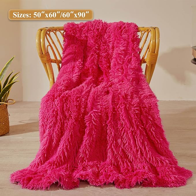 XeGe Luxury Faux Fur Throw, Hot Pink Soft 50x60 Fluffy Blanket, Shaggy Plush Decorative Couch Throw, Cute Furry Fuzzy Office Lap Blanket for Bed Bedroom Living Room, Hot Pink-Ruum Studio Home