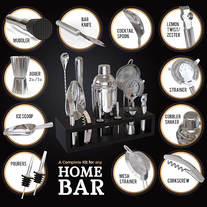 Highball & Chaser 13-Piece Cobbler Cocktail Shaker Set Stainless Steel Mixology Bartender Kit With Stand For Home Bar Cocktail Set | Laser Engraved Cocktail Tools | Plus Ebook with 30 Cocktail Recipes-Ruum Studio Home