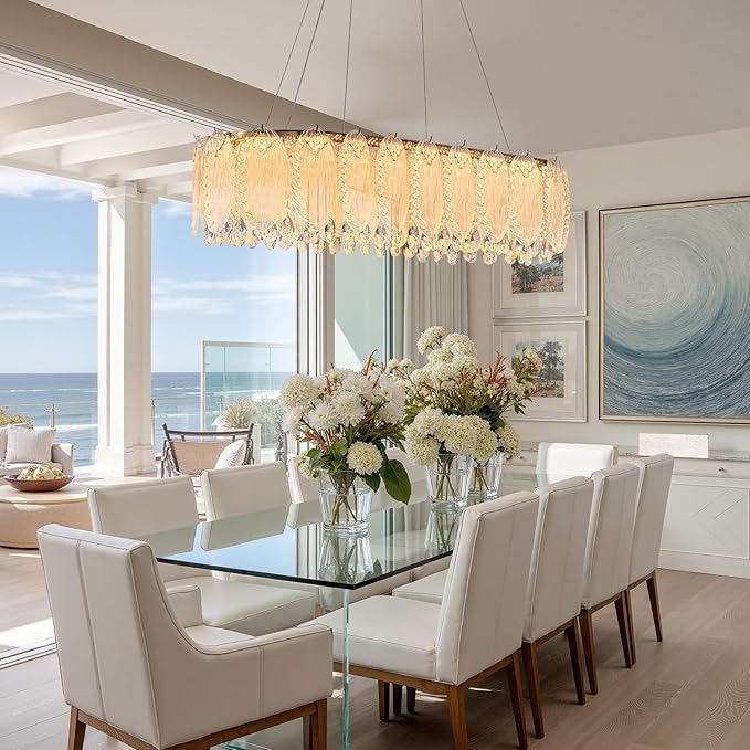 Gold Rectangle Modern Chandeliers for Dining Room Light Fixture, Water Ripple Crystal Glass LED Chandelier for Kitchen Island Bar Living Room, 2700K-6000K-Ruum Studio Home