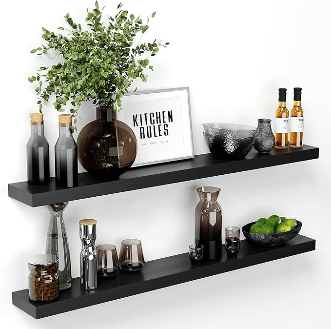 Homeforia Black Floating Shelf 48 inches, High End Solid Real Wood 48 inch Long Floating Shelves for Wall, Black Wooden 48inch Large Floating Shelves, Heavy Duty Bracket, 48 X 6.5 X 1.75 in, Set of 2-Ruum Studio Home