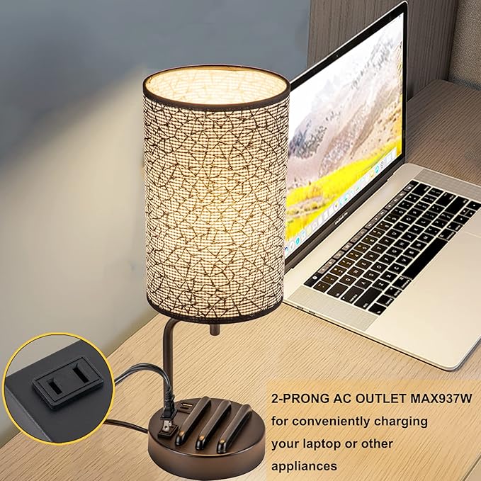 Dreamholder Touch Control USB Table Lamp, Upgraded 3-Way Dimmable Nightstand Desk Lamp with USB C & A Charging Ports and AC Outlet, Bedside Lamp for Bedroom Dimmable 9W LED Bulb Included-Ruum Studio Home