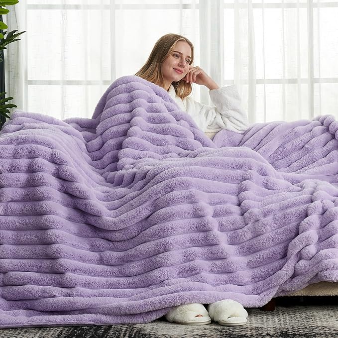 Cozy Bliss Faux Fur Throw Blanket for Couch, Cozy Warm Plush Striped Blanket for Sofa Bedroom Living Room, 60 * 80 Inches Lavender Purple-Ruum Studio Home