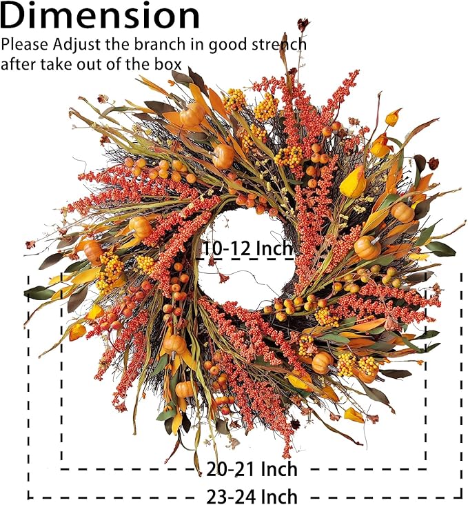 WANNA-CUL 24 inch Fall Wreath Decor for Front Door with Pumpkins, Hawthorn,Grain,Lantern Fruit,Berries,Eucalyptus Leaves, Large Harvest Door Wreath for Autumn or Thanksgiving Decoration-Ruum Studio Home