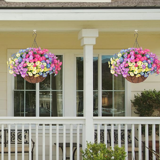 Artificial Faux Hanging Plants Flowers Basket for Outdoors Spring Summer Decoration, Silk Morning Glory Eucalyptus Look Real UV Resistant Fake Flowers for Porch Outside Patio Balcony Yard Home Garden-Ruum Studio Home