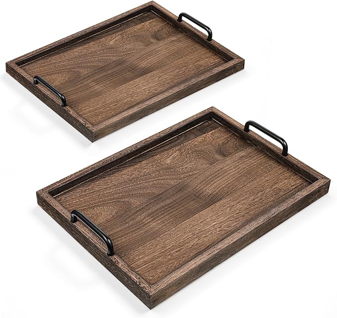 2 Pcs Rustic Wooden Serving Trays with Handle Decorative Nested Vintage Wood Serving Tray Stylish Farmhouse Decor Servings Platters for Eating, Breakfast(Large 15.8x11.8x1.2 in, Small 13.4x9.4x1.2 in)-Ruum Studio Home