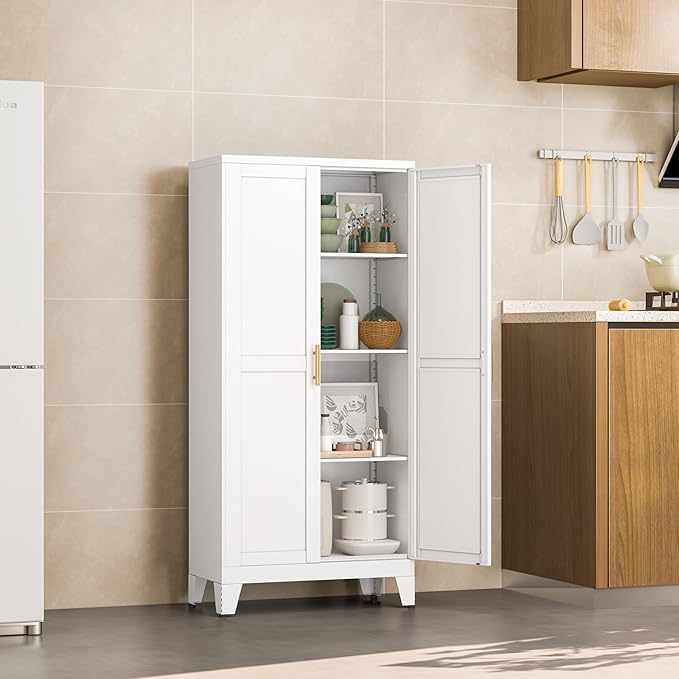 White Metal Storage Cabinet, 48" Steel Cabinets for Home Office, Kitchen Pantry Storage Cabinet with Doors and 3 Adjustable Shelves, for Office, Home, Garage, School-Ruum Studio Home
