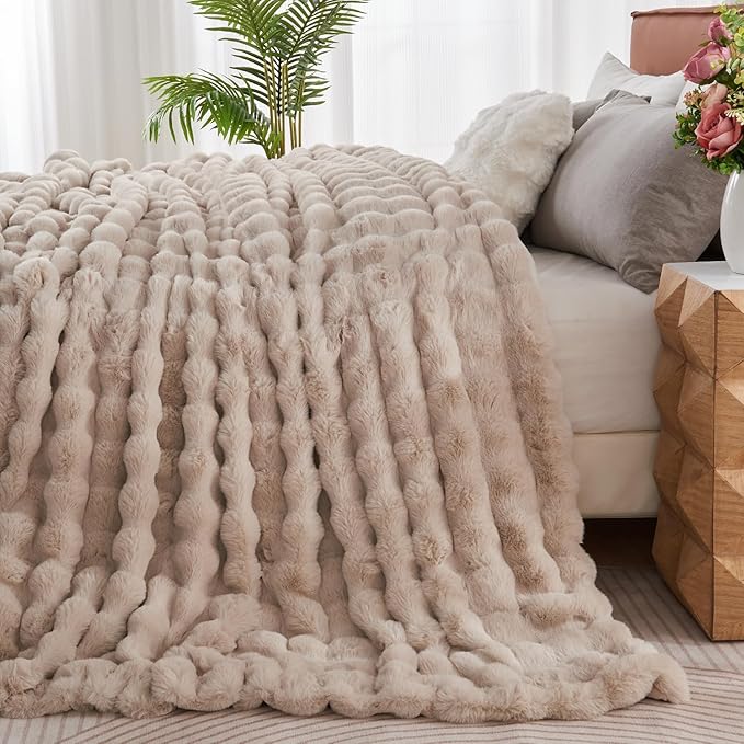 Lotus Karen Faux Fur Throw Blanket Linen - 800 GSM Bubble Rabbit Fluff Blanket for Couch Bed Sofa,Softest Fluffy Fuzzy Cozy Blanket,Thick Furry Plush Shaggy Warm Blankets for Women,90x90 Inches-Ruum Studio Home