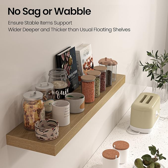 Floating Shelves for Wall, 36" W x 8" D x 1.5" H, Wooden Wall Mounted Display Shelves with Invisible Brackets for Living Room, Bedroom, Bathroom, Kitchen Decor and Storage, Set of 2, Oak-Ruum Studio Home
