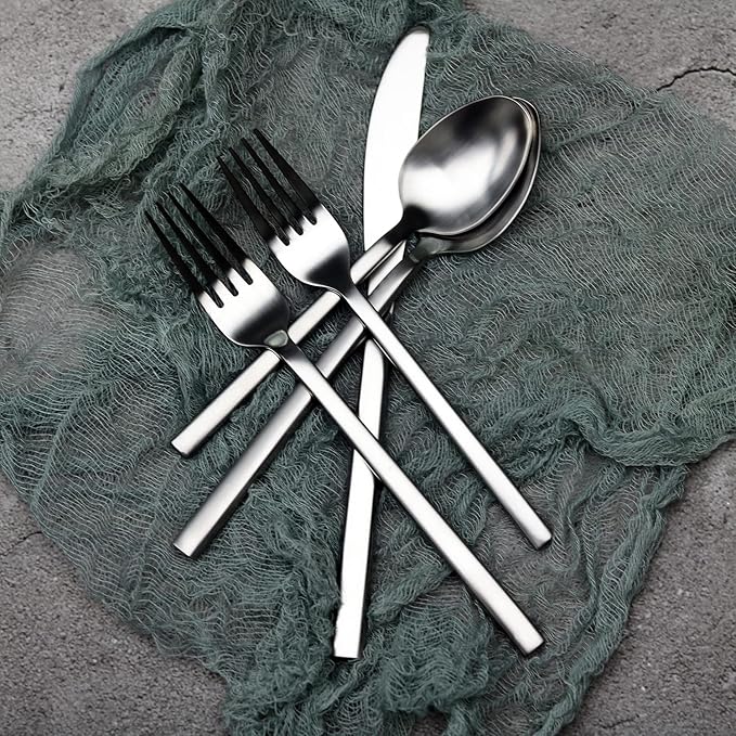 Alata Cube 20-Piece Forged Silverware Set Stainless Steel Flatware Set,Service for 4,Matte Satin Polished Cutlery Set,Dishwasher Safe-Ruum Studio Home