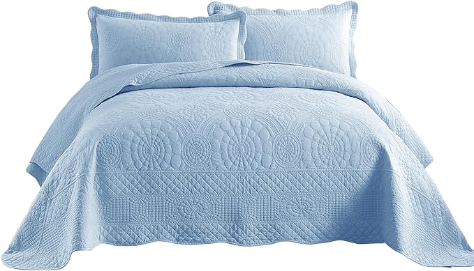 MarCielo 3-Piece 100% Cotton Oversized Bedspread Lightweight Quilt Coverlet Embroidery Farmhouse Bedding Set (Tf Light Blue, Oversized King (118"x106"))-Ruum Studio Home