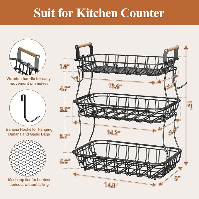 3 Tier Fruit Basket for Kitchen Counter, Fruit Bowl with 2 Banana Hooks Mesh Top, Multifunctional Detachable Sturdy Kitchen Storage Organizer for Vegetables Snacks Onion Potato, Black-Ruum Studio Home