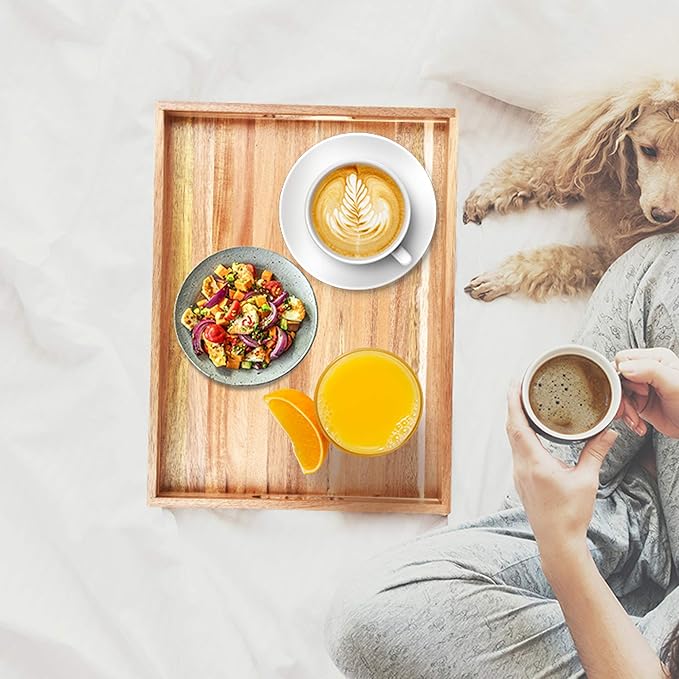 Acacia Wood Serving Tray with Handles (17 Inches) – Decorative Serving Trays Platter for Breakfast in Bed, Lunch, Dinner, Appetizers, Patio, Ottoman, Coffee Table, BBQ, Party –Great for Lap &Couch-Ruum Studio Home
