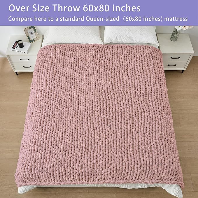 Bigacogo Chunky Knit Throw Blanket for Couch, 60x80 inches, 100% Hand Knitted with Thick Jumbo Chenille Yarn, Cozy Soft Large Rope Knot Cable Crochet Blankets for Sofa Bed Living Room, Dusty Pink-Ruum Studio Home