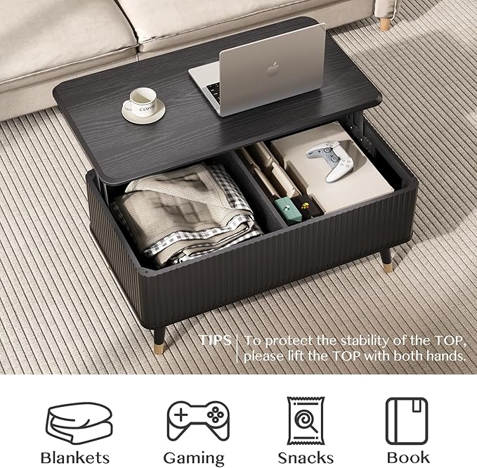 Lift Top Coffee Table with Storage Shelf & Hidden Compartment, Mid Century Modern Fluted Rectangle Dining Table for Living Room, Home Office,Black-Ruum Studio Home
