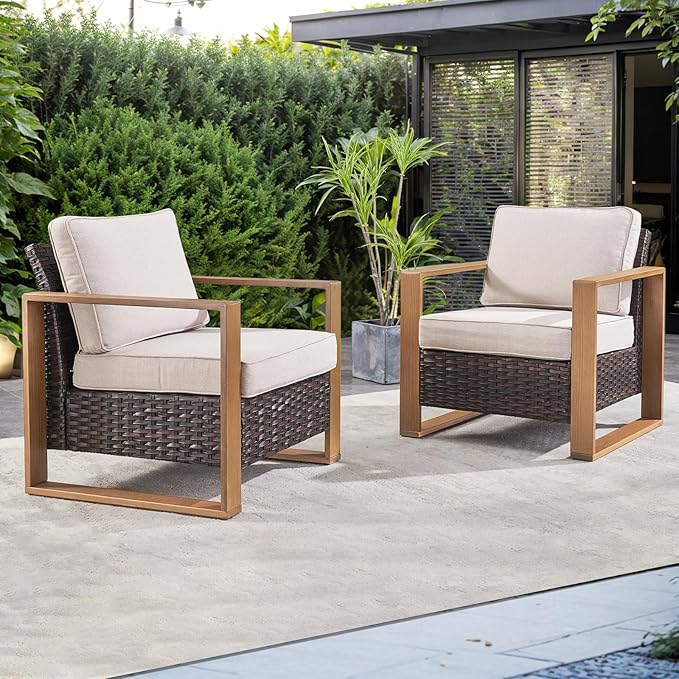 Wicker Outdoor Patio Chairs Set of 2, Rattan Patio Furniture Chairs with Sturdy Frame,All-Weather PE Wicker,Wide Armrest,Deep Seating and Thick Cushions for Deck Porch Garden(Brown/Beige)-Ruum Studio Home