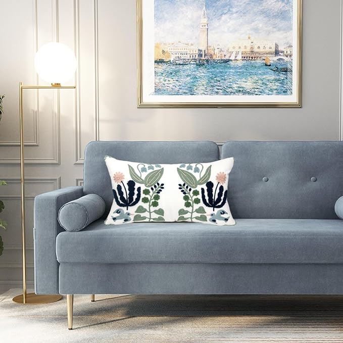 Alysheer Floral Embroidered Summer Lumbar Decorative Throw Pillow Cover 12"x 20", Farmhouse Cottage Navy Blue Green Flowers Leaves Patterned Cotton Canvas Cushion Case for Sofa Couch Bed Living Room-Ruum Studio Home