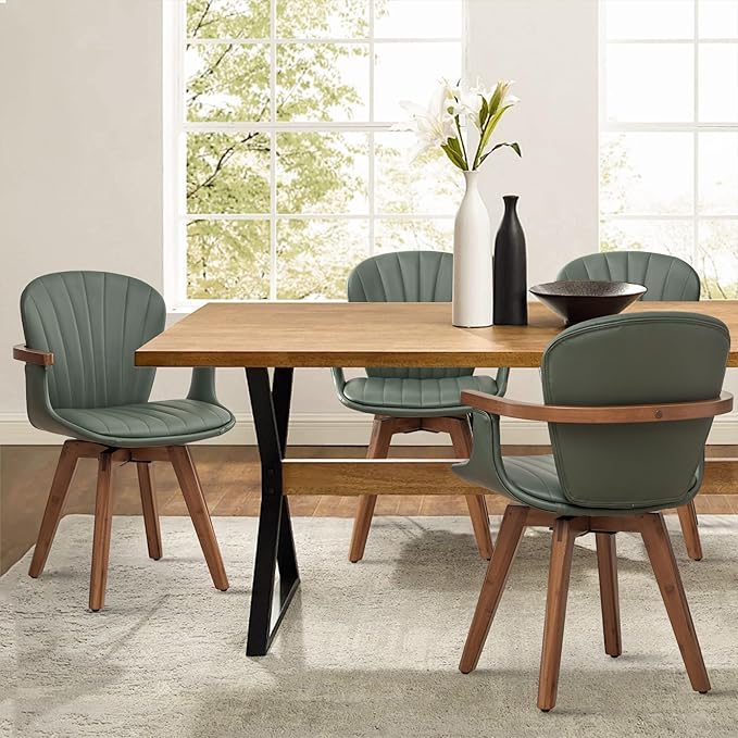 LUNLING Swivel Dining Chairs Set of 4, Mid Century Modern Green Faux Leather Kitchen Chairs with Arms,Bamboo Legs Side Chairs No Wheels,Accent Chair for Dining Rooms and Offices-Ruum Studio Home
