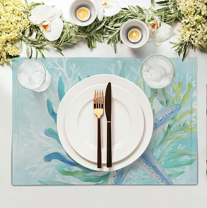 Nautical Coastal Placemats Set of 4 Ocean Coral Starfish Seagrass Beach Theme Table Mat 12x18 Inch Teal Turquoise Blue Summer Linen Fabric Place Mats for Party Kitchen Dining Outdoor Indoor Decor-Ruum Studio Home
