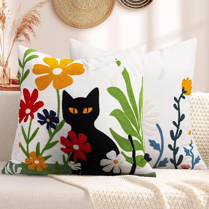 Merrycolor Embroidered Pillow Covers 18x18 Black Cat and Flower Pattern Halloween Decorative Throw Pillow Covers Comfortable Cotton Canvas Square Couch Cushion Cases for Sofa Bed Living Room Decor-Ruum Studio Home