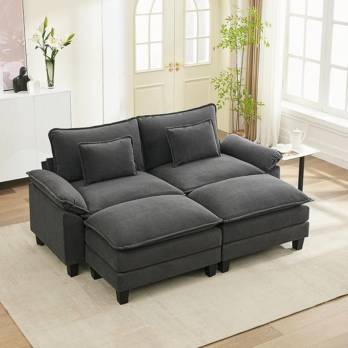 URRED Modular Sectional Sofa Comfy Cloud Couch, Modern Velvet Sofa Sleeper Deep Seat Couches with Ottoman/Pillows for Living Room (Dark Gray, 82.6''- 2 Ottomans)-Ruum Studio Home