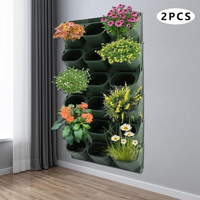 12Pieces 3-Pot Wall Planter Vertical Garden Plant Walls Wall Mounted Vertical Planter with Water-Storage Layer Stackable Wall-Mounted Flower Pot for Gardens, Balconies 180.78lbs Total Capacity (Green)-Ruum Studio Home