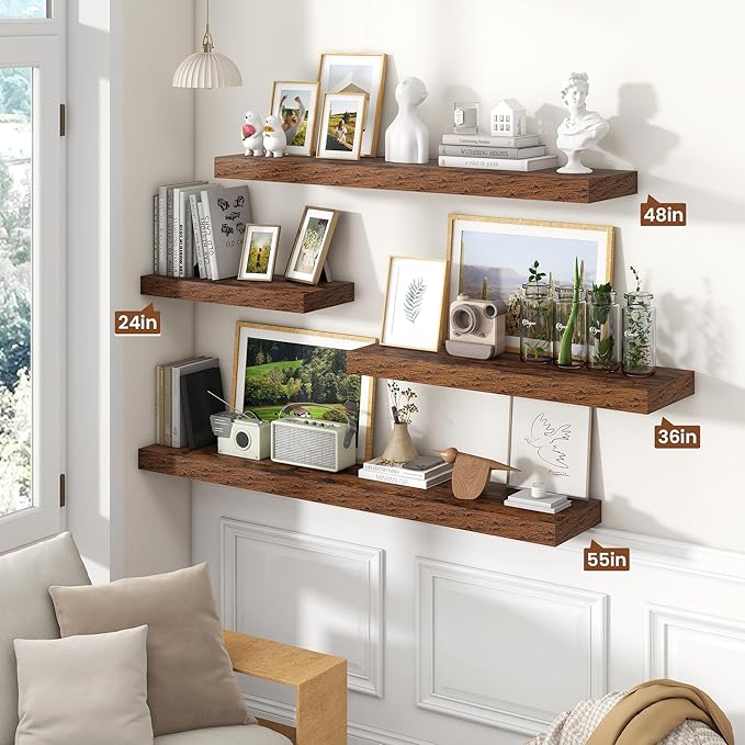 Heimlove 36 Inch Floating Shelves for Wall,10 Inch Deep Brown Wood Shelves with Invisible Brackets,Wall Mounted Storage & Display Shelves for Bedroom,Living Room,Kitchen,Office-Ruum Studio Home