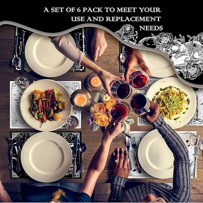 Umigy 6 Pcs Halloween Placemats 12"x18" Gothic Bat Placemats Kitchen Decoration Washable Witch Place Mats Rectangle Skull Table Mats for Halloween Dining Table Accessories(Black White Character Style)-Ruum Studio Home