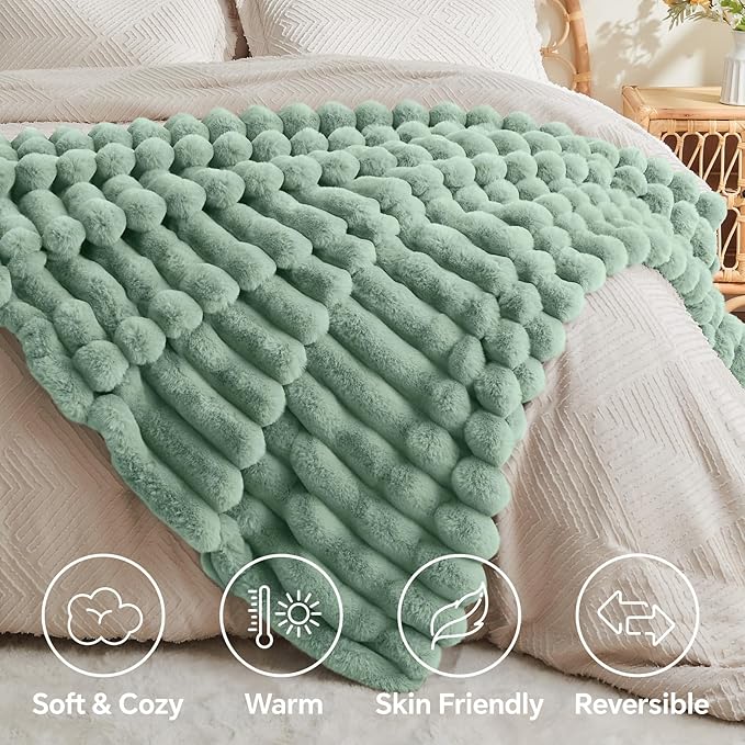 BEDELITE Faux Rabbit Fur Blanket, Luxurious 3D Striped Spring Blanket for Decor & Gift, Soft and Warm Plush Fluffy Faux Fur Throw Blanket All Seasons Suitable, (Sage Green, 60"x 80")-Ruum Studio Home