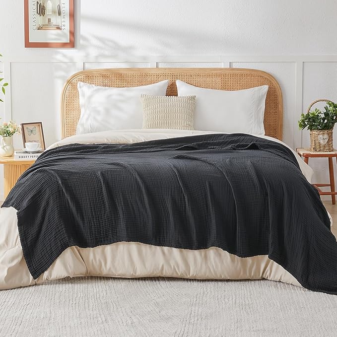 EMME Cotton Muslin King Blanket Bed Layering Breathable Gauze Blanket Soft Lightweight Blankets Adults (Black, 108"x90")-Ruum Studio Home