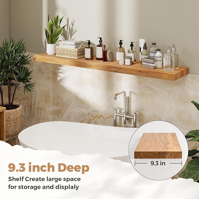 RICHFOCUS Elm Floating Shelves for Wall - 48" W x 9.3" D Rustic Solid Wood Shelves with Invisible Bracket, Wall-Mounted for Living Room, Bedroom, Kitchen Storage & Display, Set of 1, Natural-Ruum Studio Home