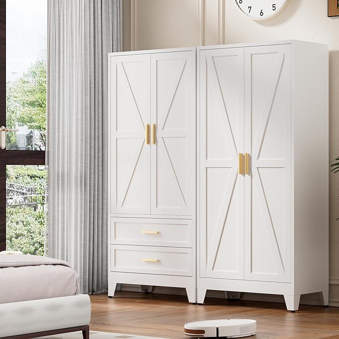 71'' Farmhouse Metal Wardrobe Cabinet with Hanging Rod, 2 Barn Door Wardrobe Closet with 2 Adjustable Shelves,for Dining Room,Bedroom,Living Room, Cloak Room,Office (White)-Ruum Studio Home