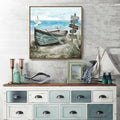 Framed Wall Art Bedroom Nautical Decor Boat Canvas Picture Rustic Coastal Sand Canvas Print Ocean Beach Painting Seascape Sea Bird Vintage Ship Artwork for Seaside Home Living Room Office Bathroom-Ruum Studio Home