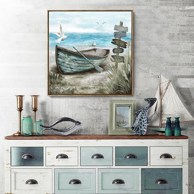 Framed Wall Art Bedroom Nautical Decor Boat Canvas Picture Rustic Coastal Sand Canvas Print Ocean Beach Painting Seascape Sea Bird Vintage Ship Artwork for Seaside Home Living Room Office Bathroom-Ruum Studio Home