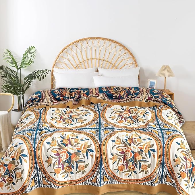 Boho Throw Blanket for Bed - 100% Pure Cotton Ultra Soft Rustic Quilt - Farmhouse Decor Bed Blankets, All Season Rustic Throw for Sofa Couch Chair(60"×80", Floral)-Ruum Studio Home