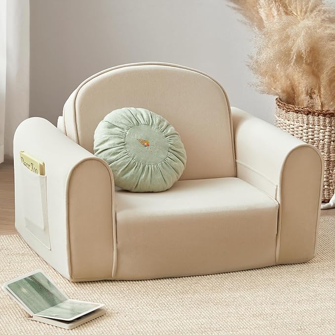 Tiny Land 2-in-1 Foldable Kids Couch with Pockets – Soft Thick Toddler Sofa, Lounger Couch, Convertible Kids Chair for Playroom, Bedroom or Living Room, Gift for Boys & Girls(Beige)-Ruum Studio Home