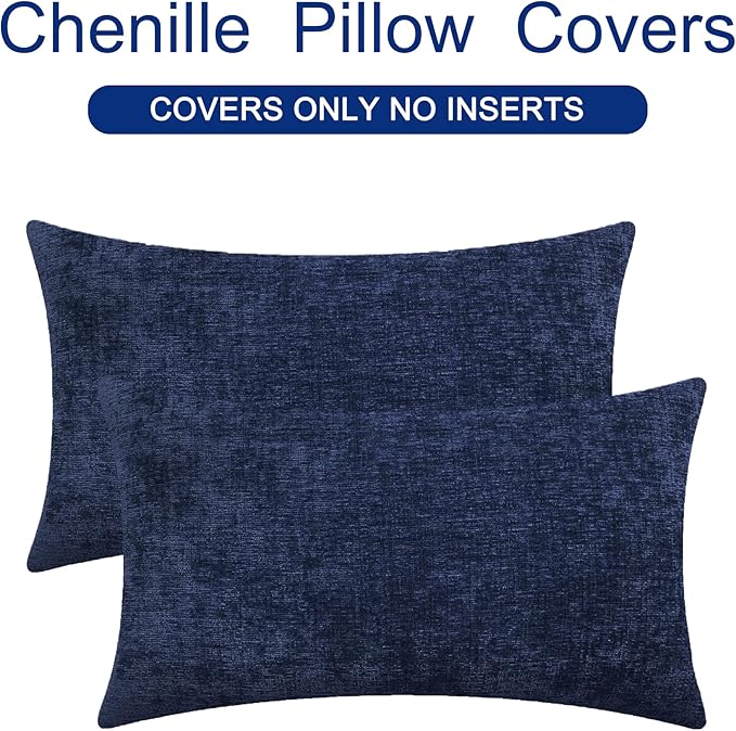CaliTime Throw Pillow Covers Decorative 16 X 26 Inches Pack of 2 Cozy Chenille Cushion Cases for Couch Sofa Bed Living Room Home Navy Blue-Ruum Studio Home